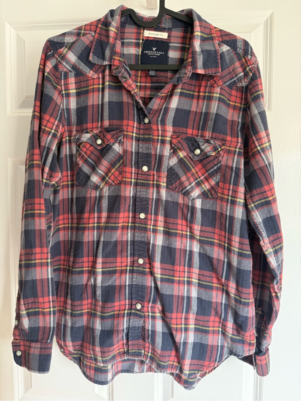 American Eagle Outfitters Plaid 100% Cotton Snap-Front Flannel Shirt